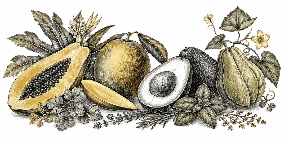 Grabado de frutas tropicales