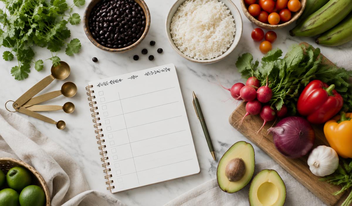 Cuaderno de plan semanal con vegetales frescos